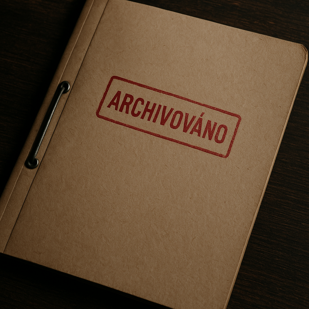 Krátký: Hnědá složka s červeným razítkem „ARCHIVOVÁNO“ na tmavém stole.