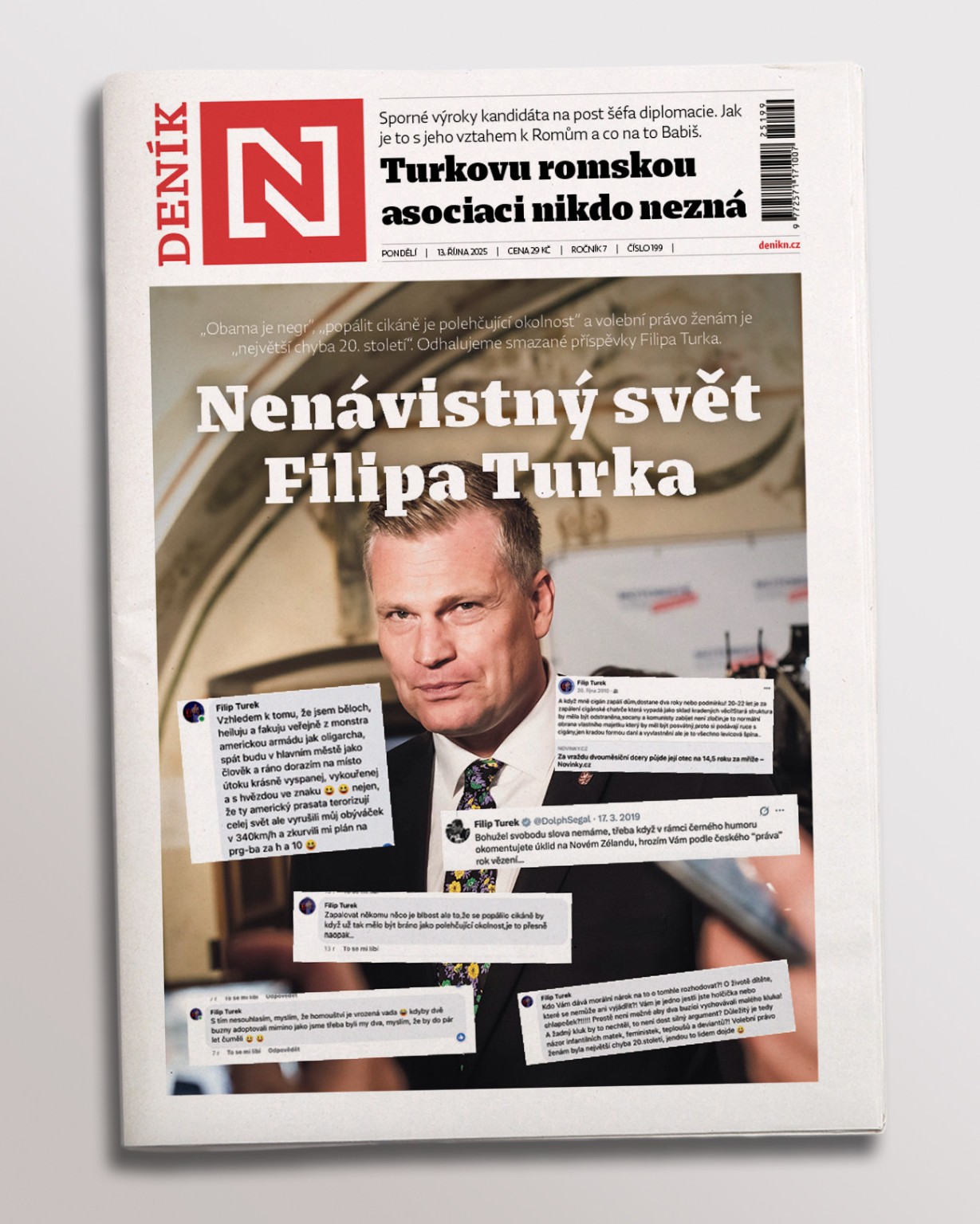 Portada de Deník N del 13 de octubre de 2025 sobre las publicaciones de odio atribuidas a Filip Turek.