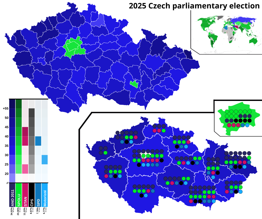 Mapa electoral de la República Checa 2025 que muestra el voto al SPD de Tomio Okamura (en negro) y a Motoristé sobě (en turquesa), concentrado en el norte y el centro del país.