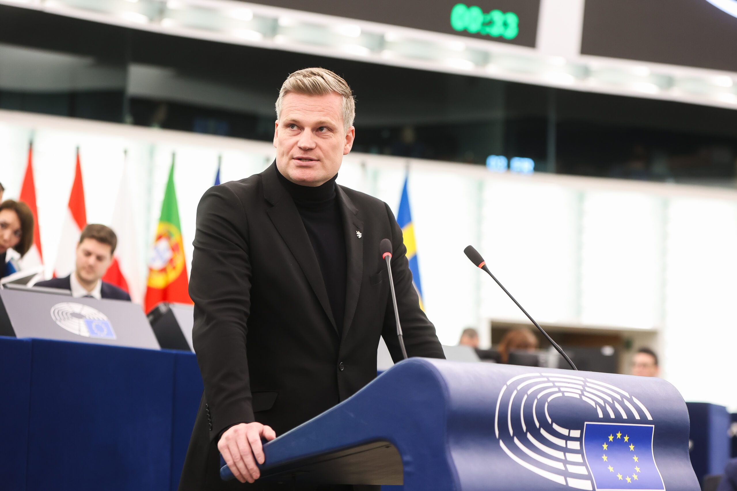 Filip Turek delivering a speech during the European Parliament’s plenary session “Action Plan for the Automotive Industry”, Strasbourg, March 2025.