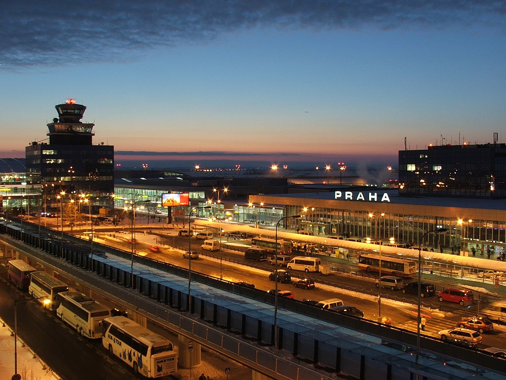 Václav Havel Airport in Prague at dusk during the implementation of the EES system as Europe digitizes its borders