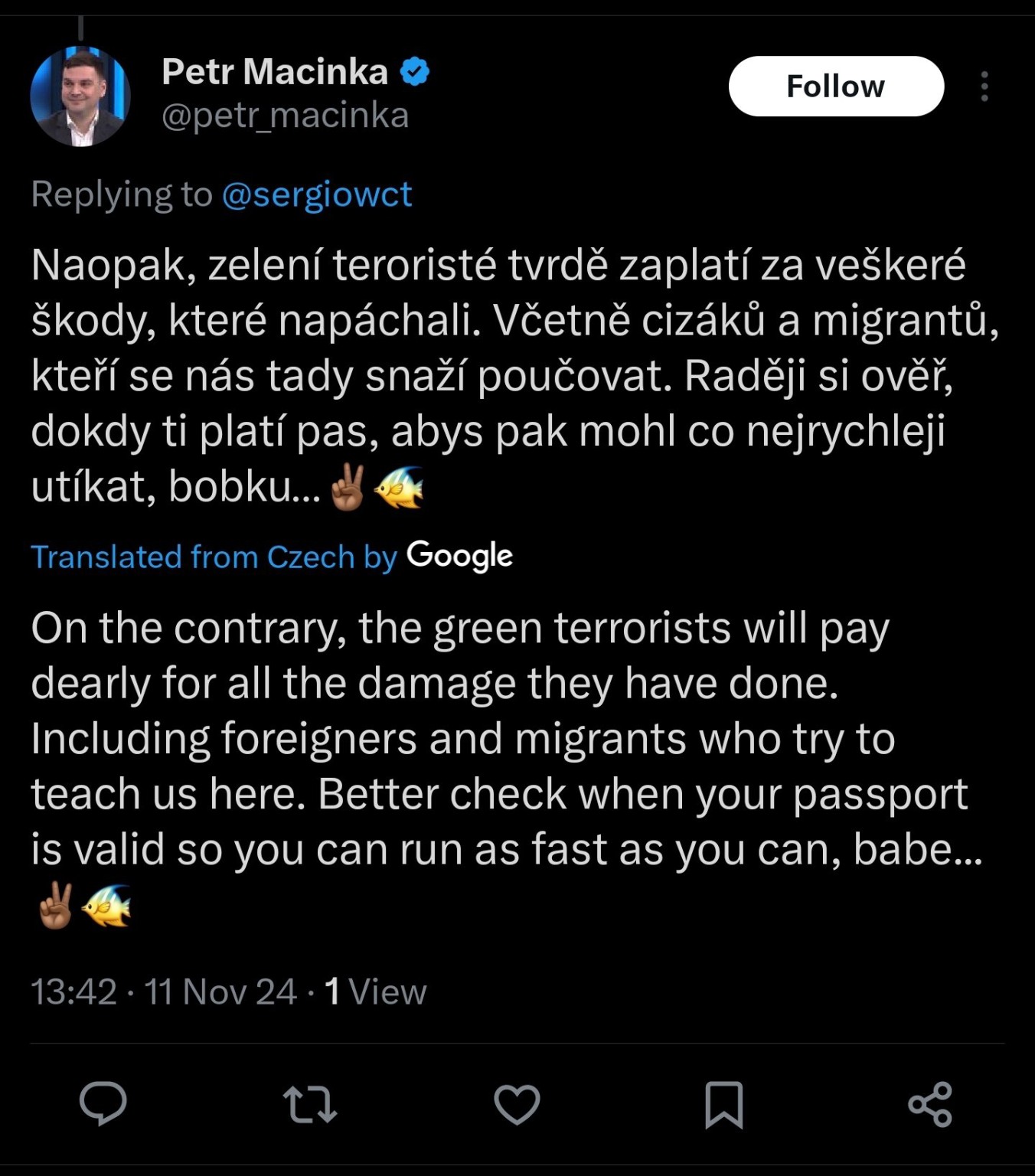 Captura del tuit de Petr Macinka amenazando al activista vial extranjero Sergio Almeida; imagen utilizada en el caso Sergio Almeida.