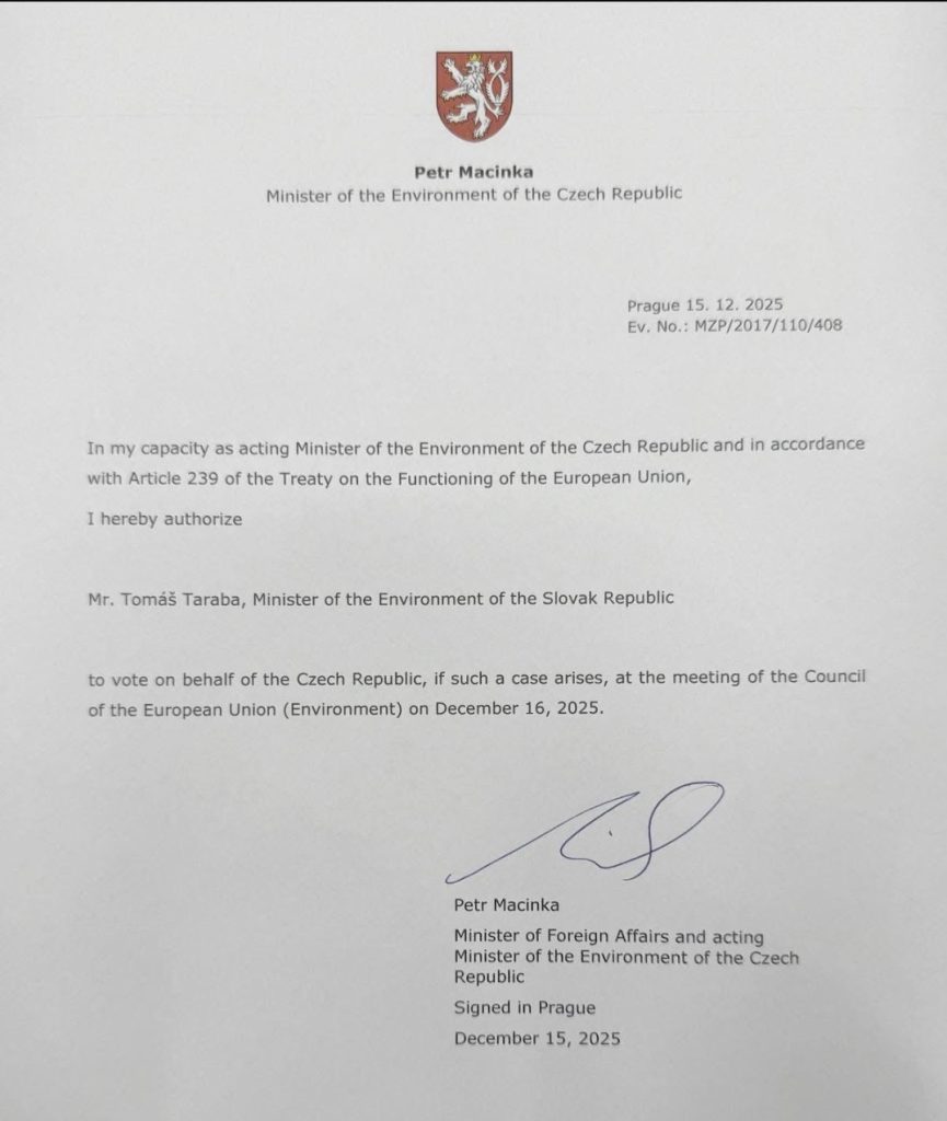 Documento oficial del Ministerio de Medio Ambiente de la República Checa firmado por Petr Macinka el 15 de diciembre de 2025, citado en el análisis Macinka y el neonazismo, que autoriza a Tomáš Taraba a votar en el Consejo de la Unión Europea en representación de Chequia.