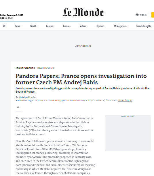 Le Monde informa que Francia abrió una investigación contra Andrej Babiš por lavado de dinero, revelado por Pandora Papers.