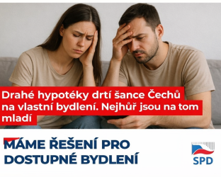 Propaganda del SPD usada por Radim Fiala que muestra a una pareja joven angustiada por las hipotecas.