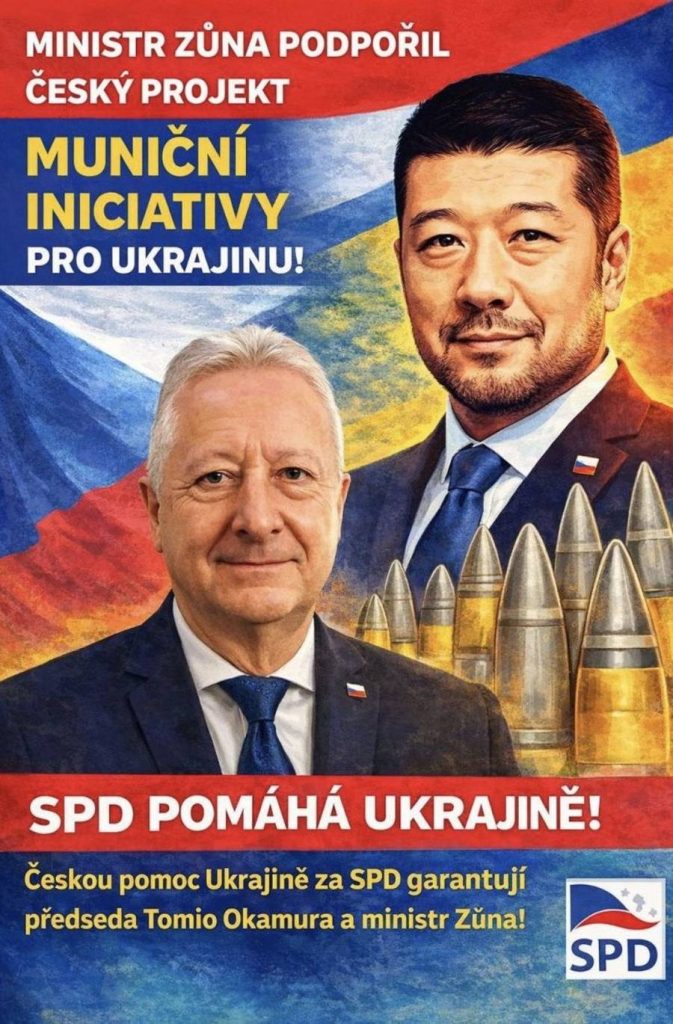 Cartel satírico que muestra a Tomio Okamura y al ministro Zůna como impulsores de la ayuda militar a Ucrania, utilizado en la sátira digital sobre la fractura extremista del SPD